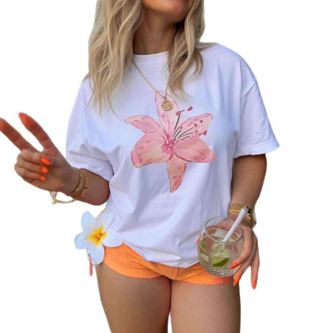 Dame T-shirt med floral akvarel design og afslappet pasform Skovae