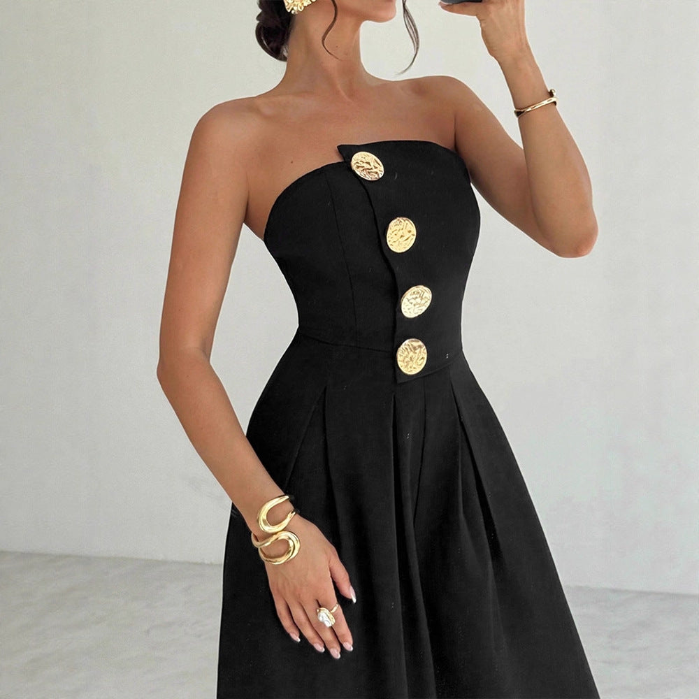 Dame Elegant Jumpsuit med asymmetrisk udskæring og dekorative knapper Skovae