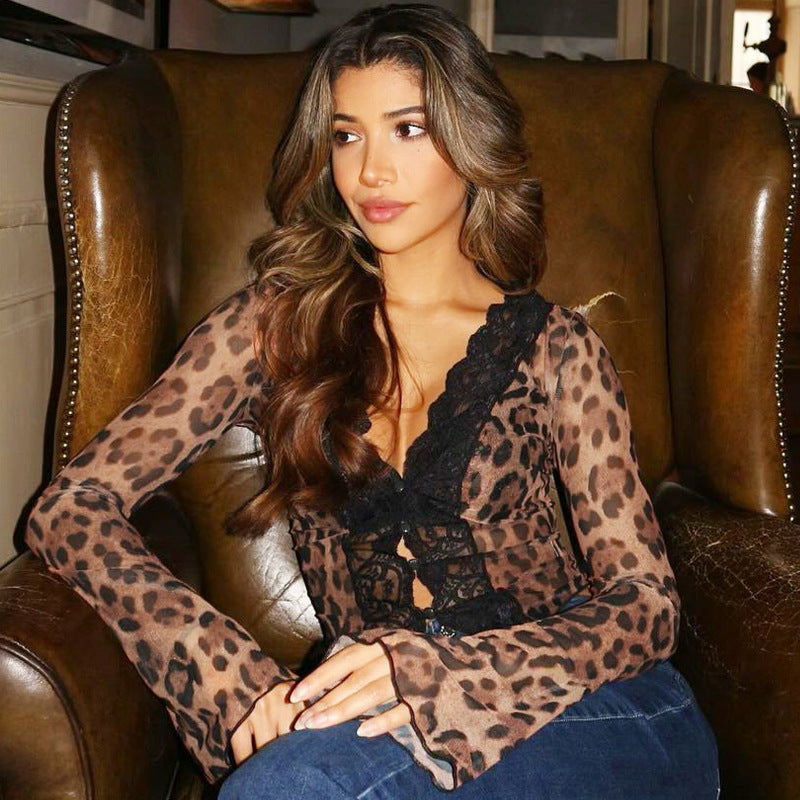 Dame Transparent blonde bluse med leopardmønster Skovae