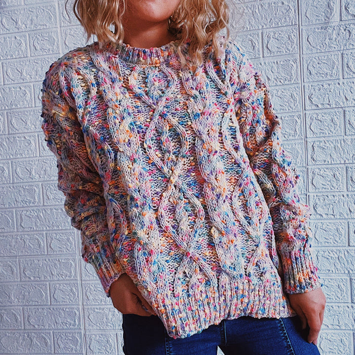 Kvinders chunky strikket sweater med farverigt strikkemønster Stilla