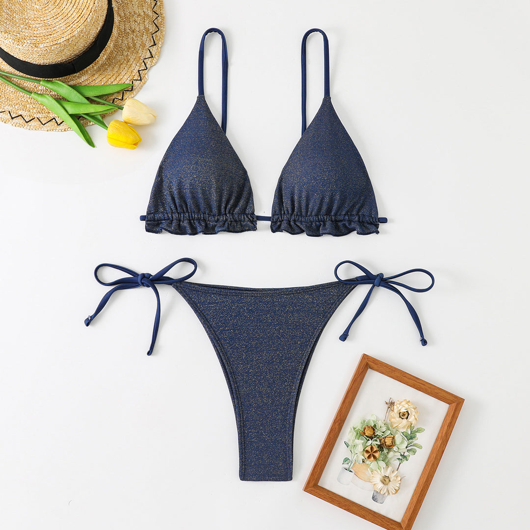 Dame Triangel-Bikini-Sæt med Flæsedetaljer og Glitrende Materiale Stilla