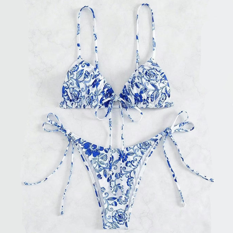 Dame Triangel-Bikini-sæt med blomsterdesign og justerbare bindebånd Stilla