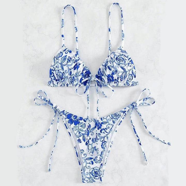 Dame Triangel-Bikini-sæt med blomsterdesign og justerbare bindebånd Stilla