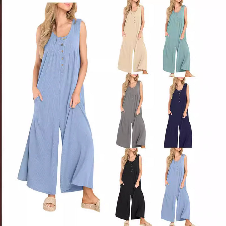 Dame Elegant og komfortabel jumpsuit med knapdetaljer og bredt skårne ben Stilla
