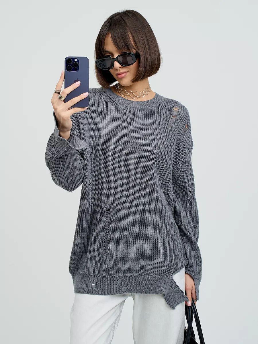Dame afslappet striktrøje med trendy vaffelmønster og mode cut-out dekorationer Stilla