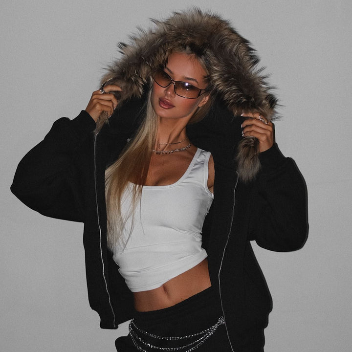 Kvinders casual oversized jakke med fuld lynlås og praktiske lommer