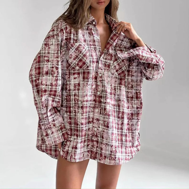 Dame Oversized Karo skjorte med brystlommer og afslappet snit Stilla