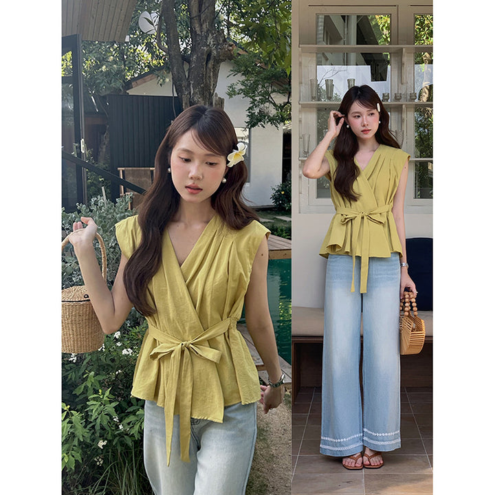 Dame wrap-bluse med talje-knude-detail og afslappet snit Stilla