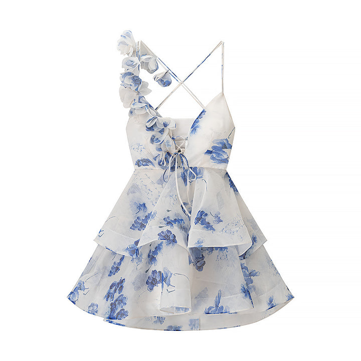 Femme Floral Print Lagdelt Mini Kjole med Asymmetrisk Stropper Stilla