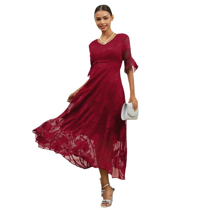Dame elegant Midikjole med blomster Chiffon og V-udskæring Stilla