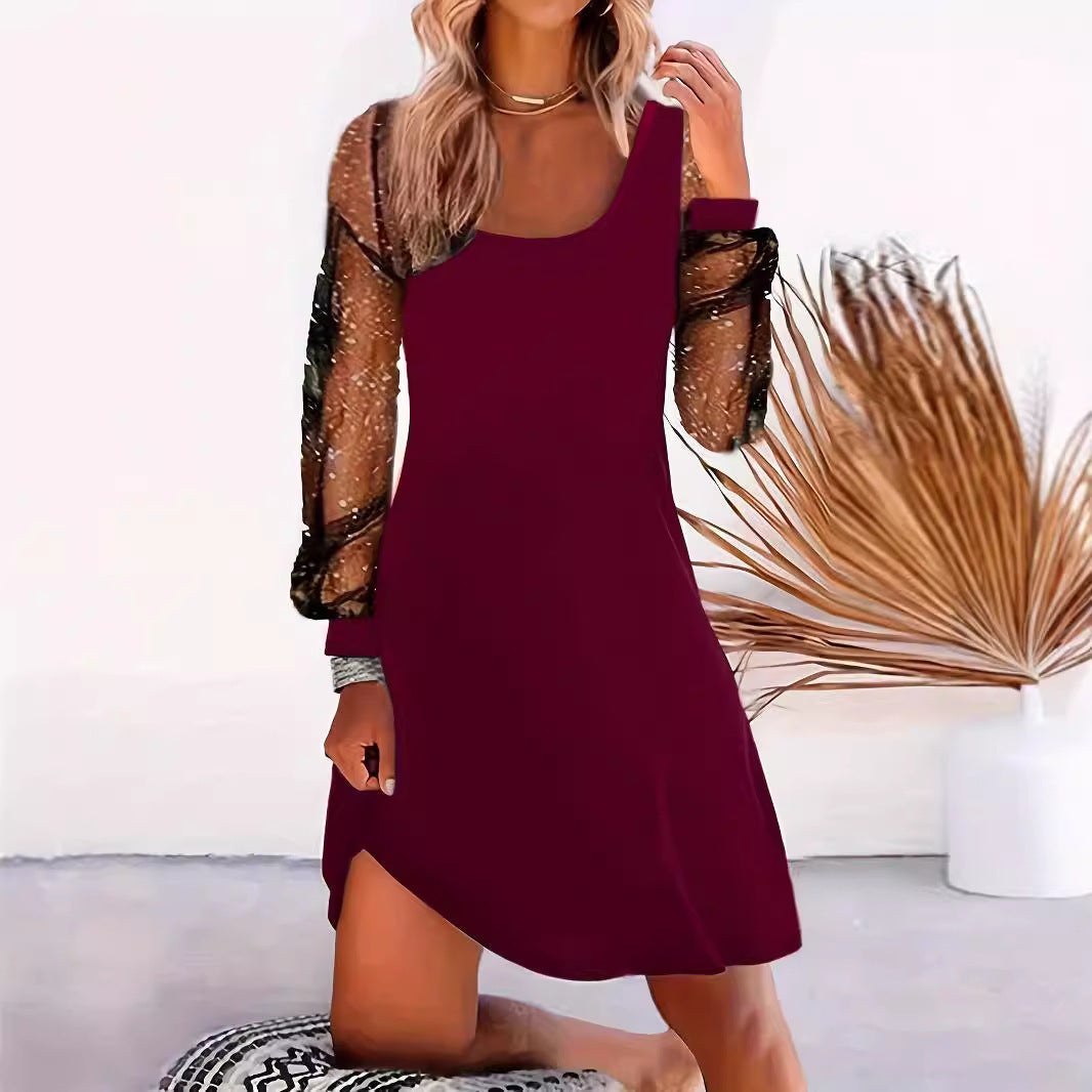 Dame Elegant Asymmetrisk Midi-Kjole med Transparent Pufærme Stilla