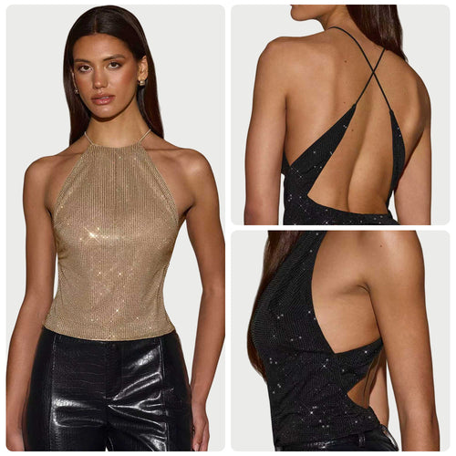 Dame glitrende top med smal halter design og glitter accenter Skovae
