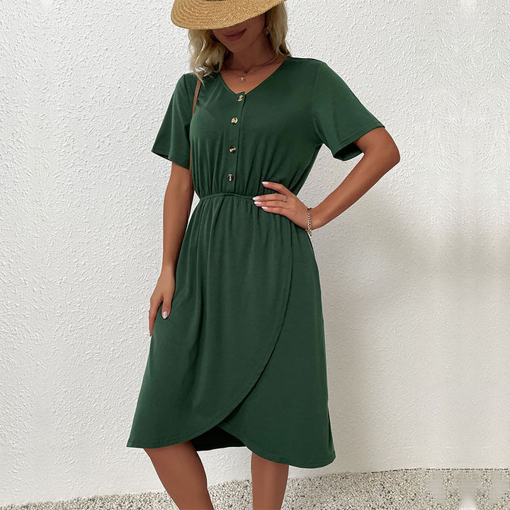 Dame Button-Up Vikkel-Midi-Kjole med Rynkedetalje Stilla