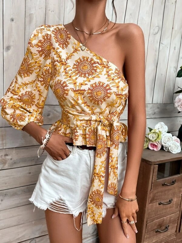 Dame asymmetrisk En-skulder Peplum Top Stilla