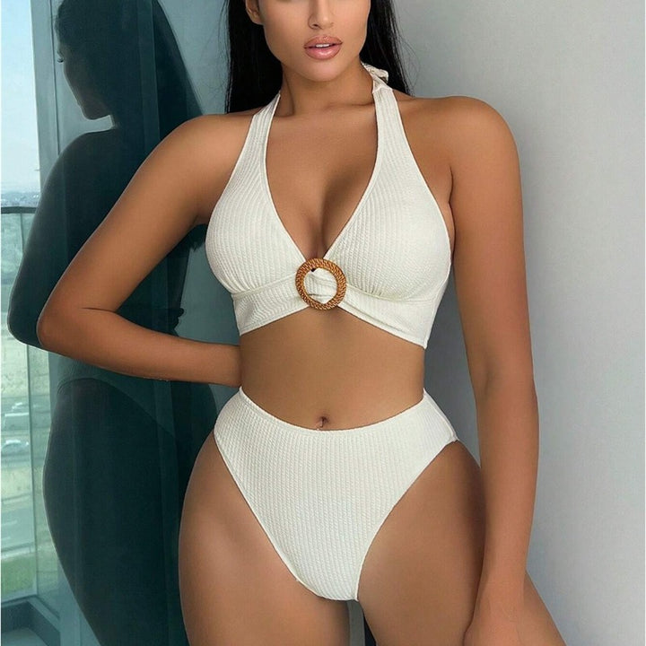 Femme Højkrave Rib-Halter Bikini Sæt Stilla