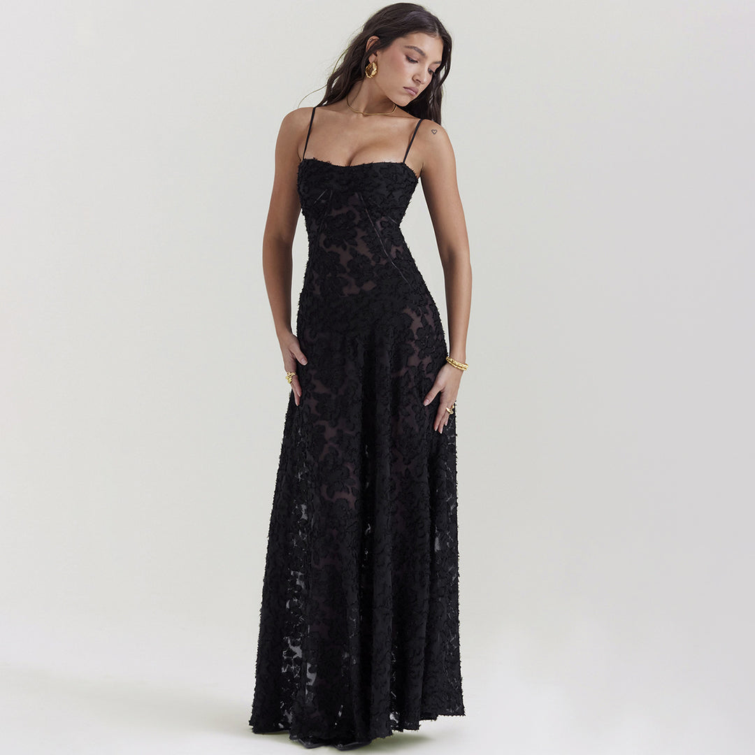 Dame Elegant Spids Maxi Kjole med sarte stropper og blomsterdesign Stilla