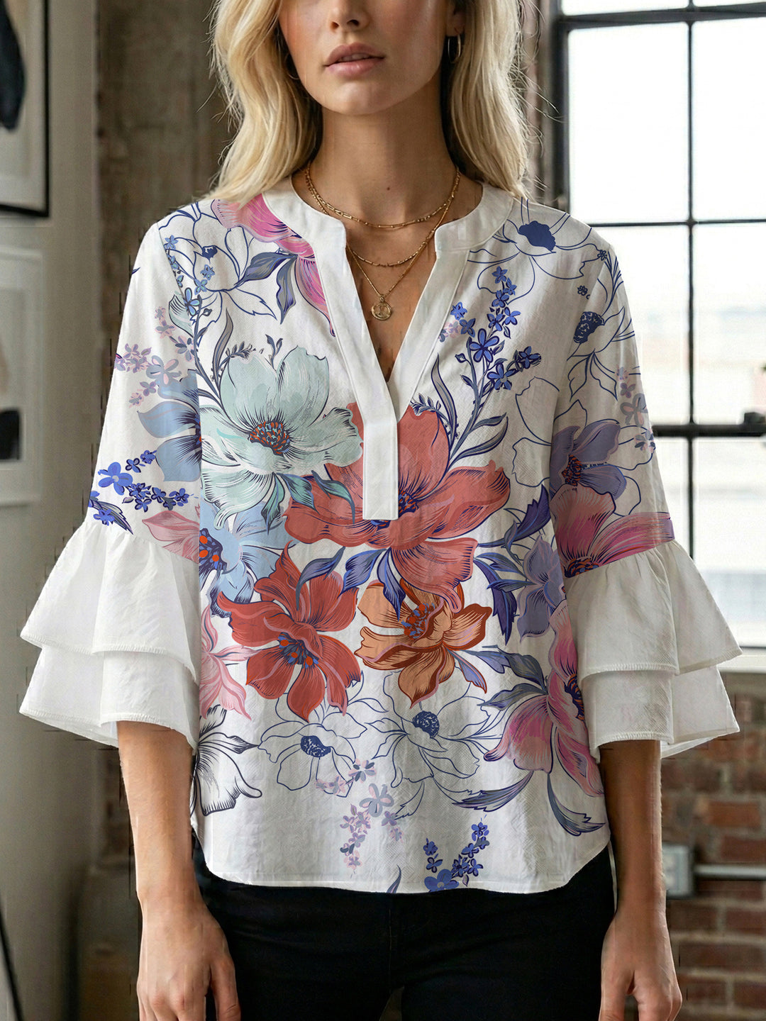 Dame Elegant top med volumiøse puffærmer og floraltryk Skovae