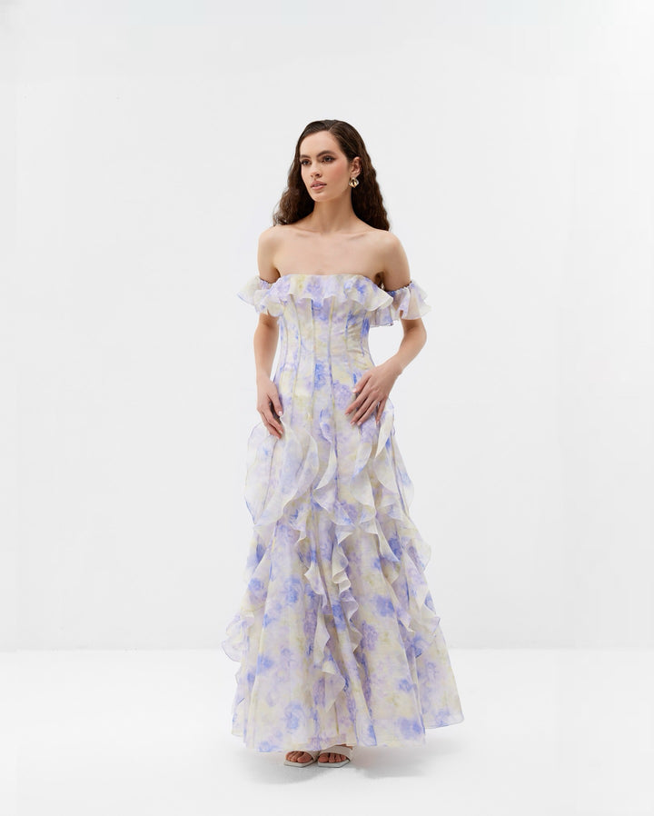 Dame Elegante Off-Shoulder Maxikjole med voluminøse flæser Stilla
