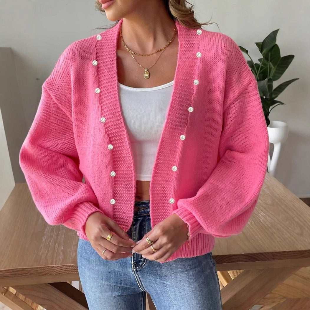 Dame afslappet strik cardigan med perle knapper og bred snit Stilla