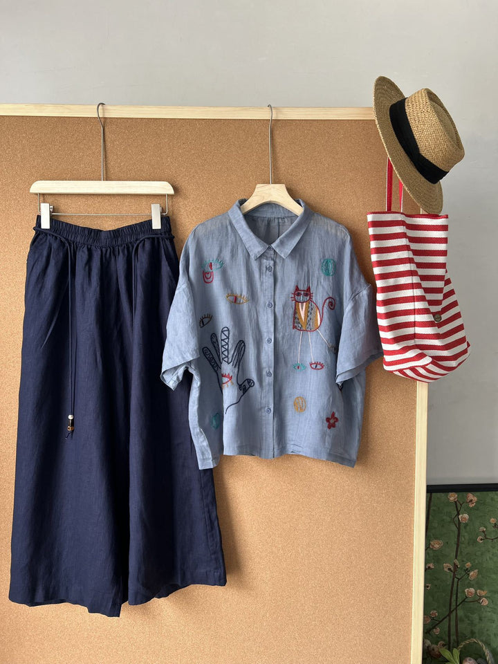 Femme Broderet Kort Button-Up Skjorte og Højtaljet Maxi Nederdel Sæt Stilla