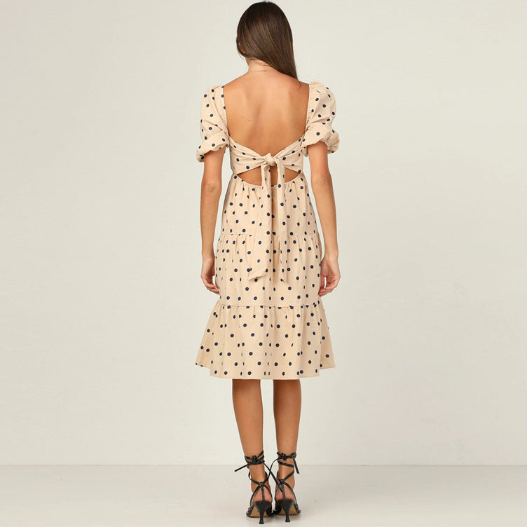 Dame Polka Dot Flydende Midi Kjole med Puffærmer og Flæsekant Stilla