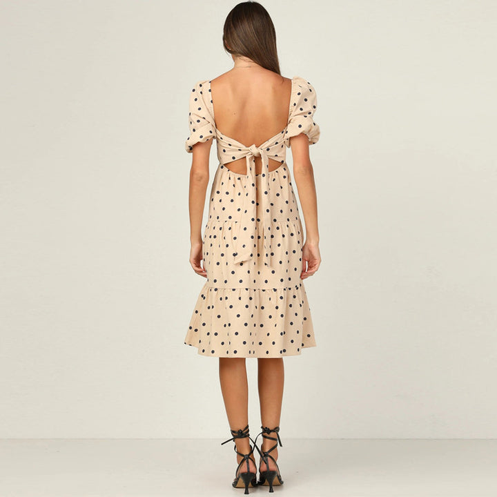 Dame Polka Dot Flydende Midi Kjole med Puffærmer og Flæsekant Stilla