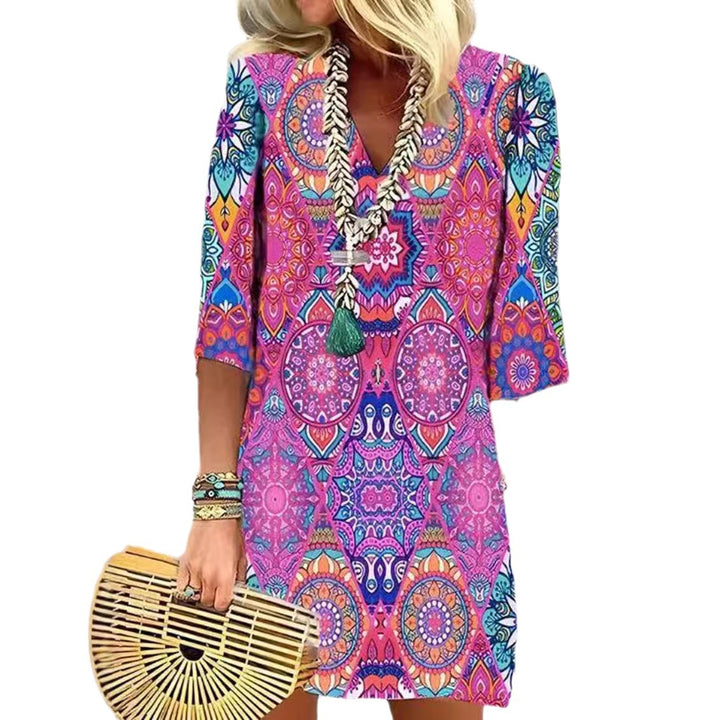 Dame nan kort Boho Strandkjole i Mandala-print med V-udskæring, trekvartærmer og afslappet A-linje Skovae