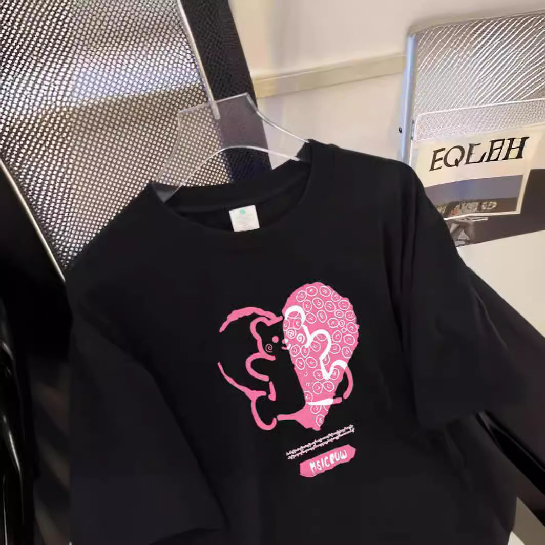 Dame T-shirt med kreativt hjerte- og dyremotiv Stilla