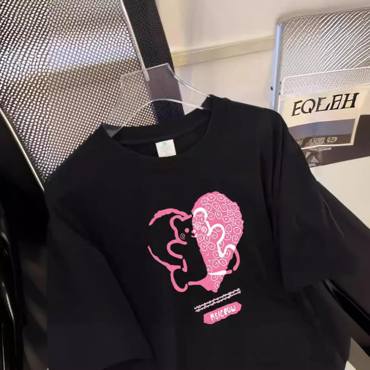 Dame T-shirt med kreativt hjerte- og dyremotiv Stilla