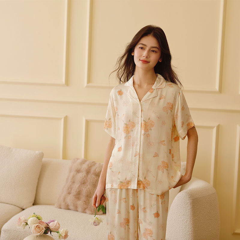 Dame Satin Pyjamasæt med blomster mønster Stilla