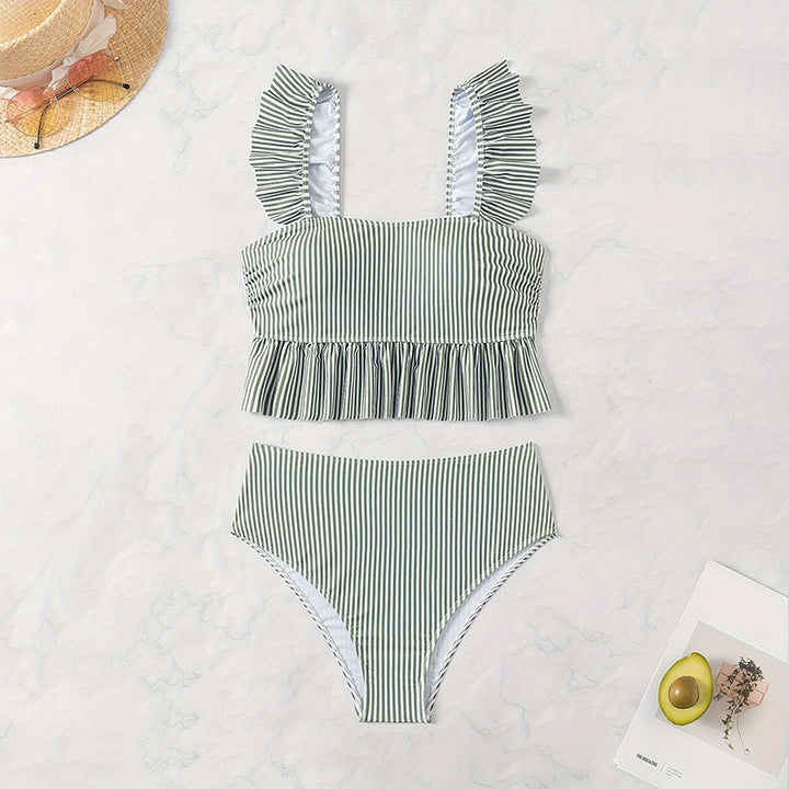 Dame Crop-Top Bikini-Sæt med Flæsedetaljer Skovae