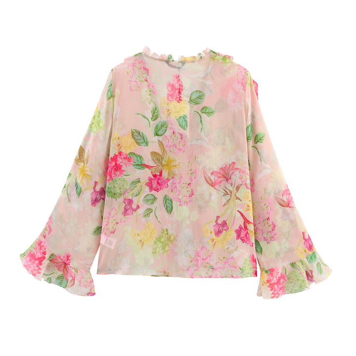 Femme Rynk Blomster Mønster Kimono Jakke Stilla
