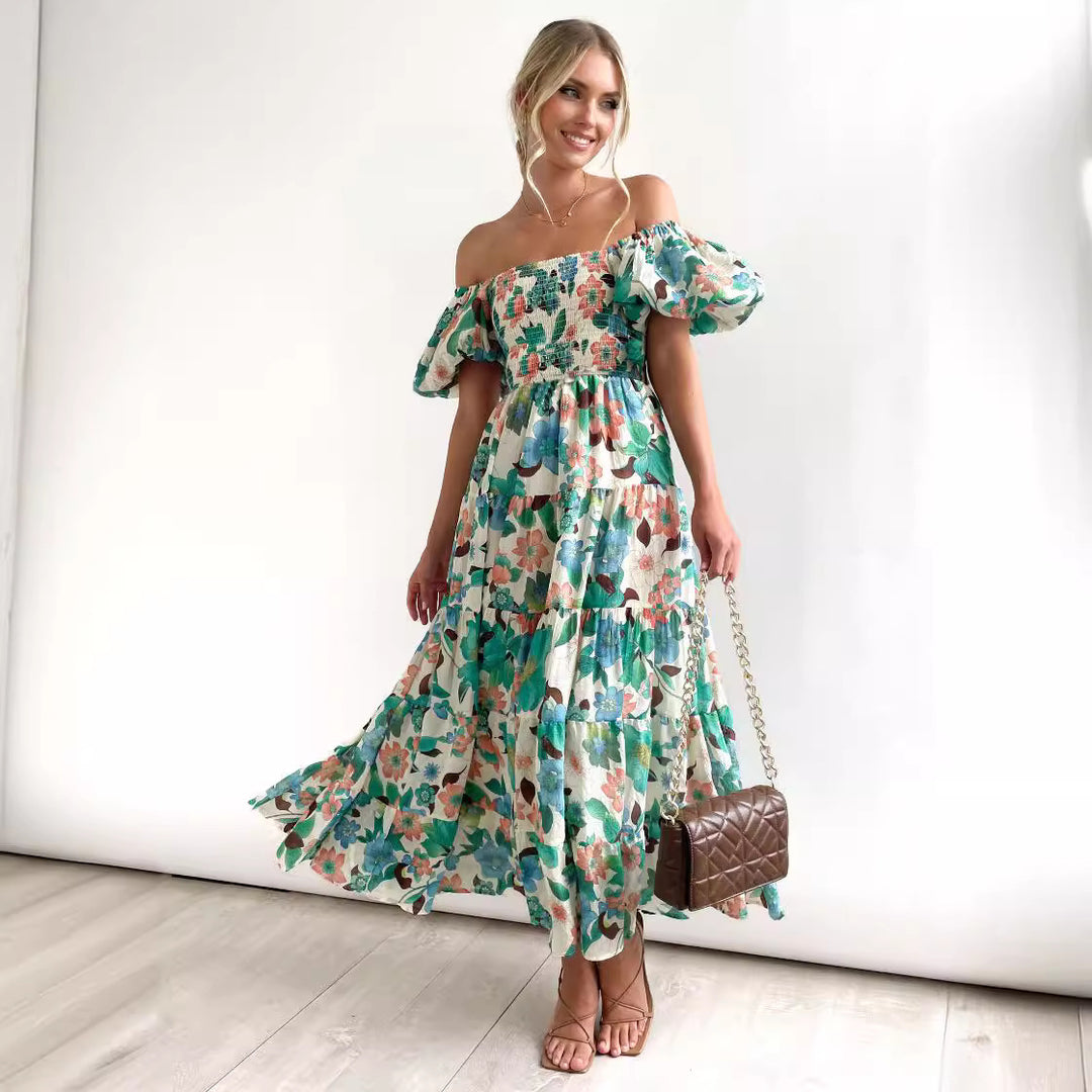 Dame Maxikjole med asymmetrisk snit og elastisk top Stilla
