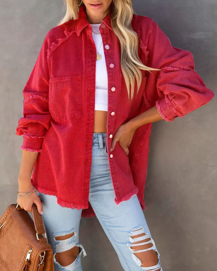 Kvinder Oversized Denim Skjorte med Frynser Stilla