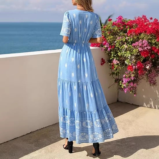 Dame Boho Maxikjole med blomsterprint og taljebelte Skovae
