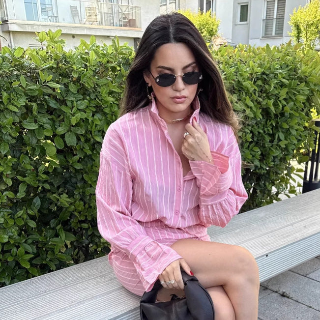 Dame Lækkert striped blusekjole med taljeret skæring Stilla