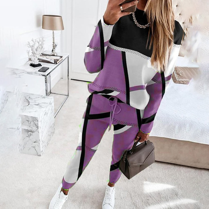 Dame trendy fritidsdragt med geometrisk mønster og praktisk snoretræk Stilla
