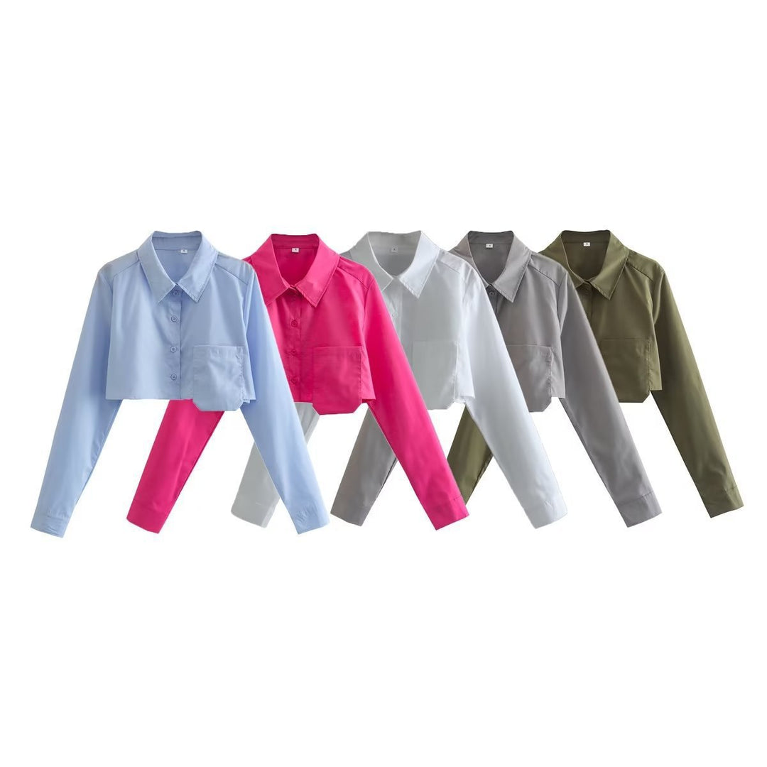 Dame Cropped Button-Up Skjorte med unikt Lomme-Detail Stilla