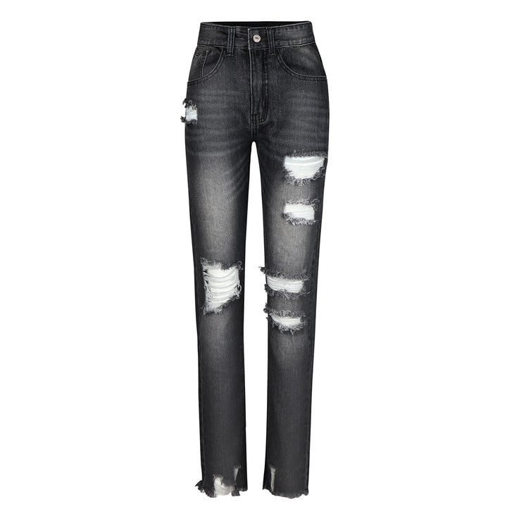 Damer Højtaljede Revne Lige Jeans med Råt Kant Stilla