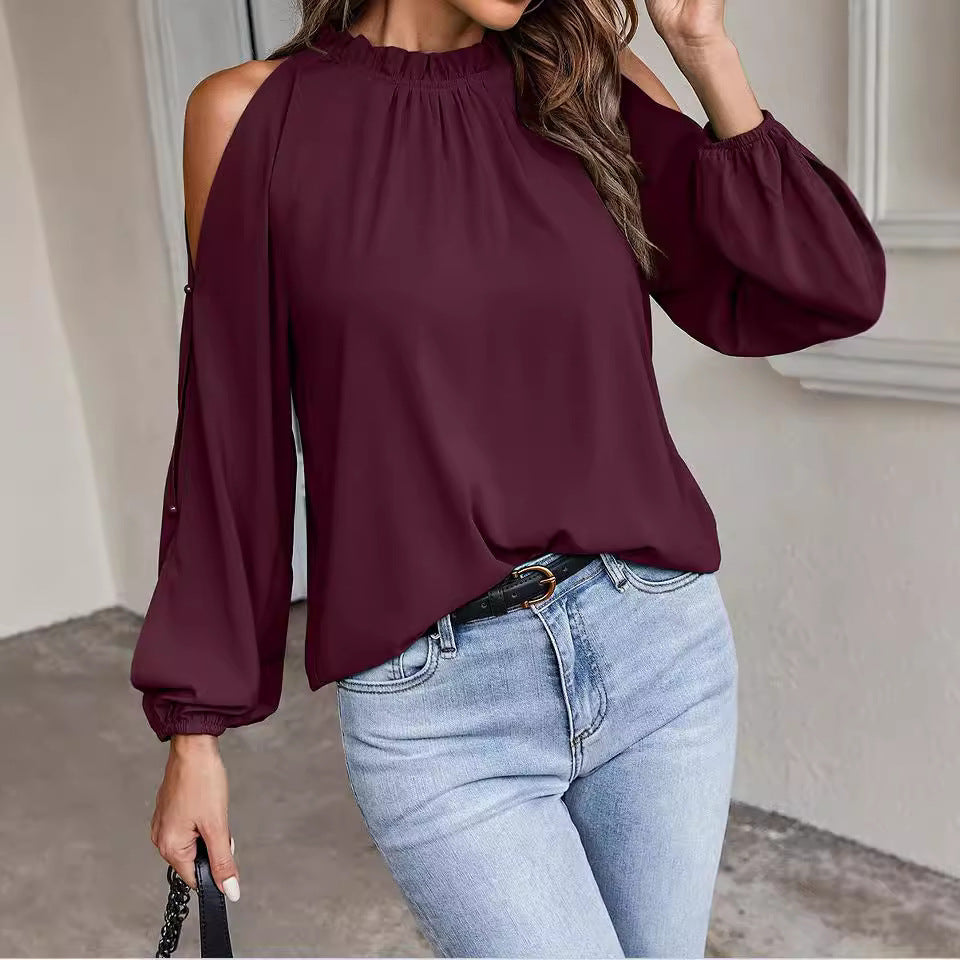 Dame luftig Bluse i Cold-Shoulder-stil med flæsedetaljer Stilla