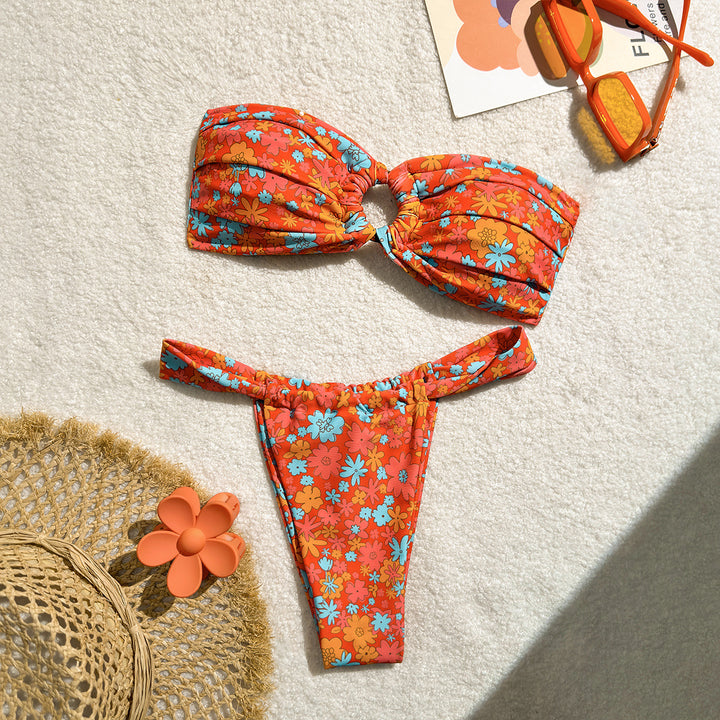 Dame bandeau-bikini med blomsterprint og sløjfe-detalje Skovae