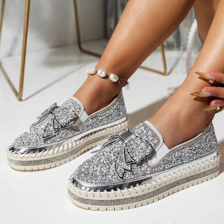 Dame Glamourøse Sneakers med funklende rhinsten og dekorativt sløjfedetalje Stilla