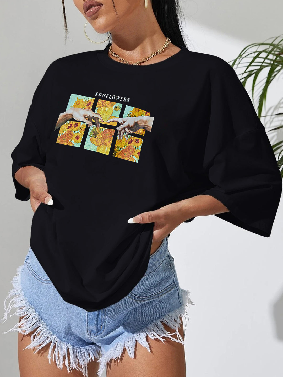 Damer Casual T-shirt med kreativ blomstermotiv Stilla