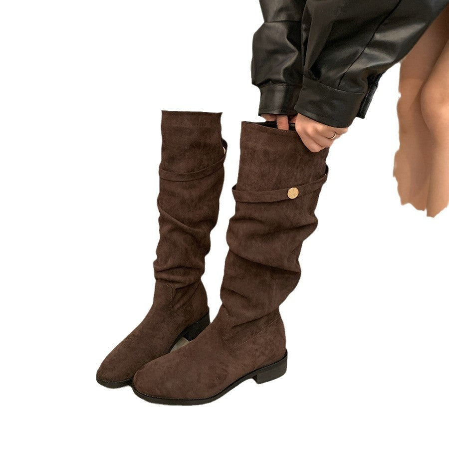 Femme Slouchy Suede Knælange Støvler med Dekorativ Knap Stilla