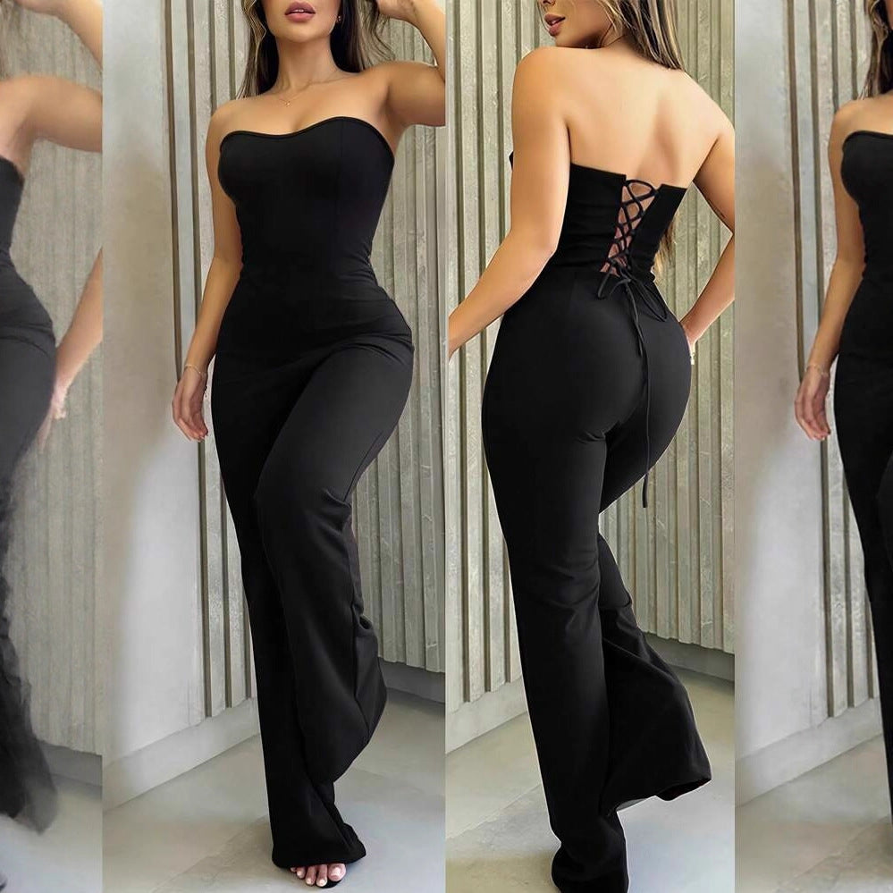 Damer Figursmigrerende Jumpsuit med elegant bandeau-udskæring og bredt ben Skovae