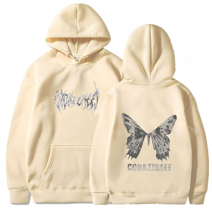 Kvinders hoodie med iøjnefaldende sommerfugl design og kunstnerisk skrift Skovae