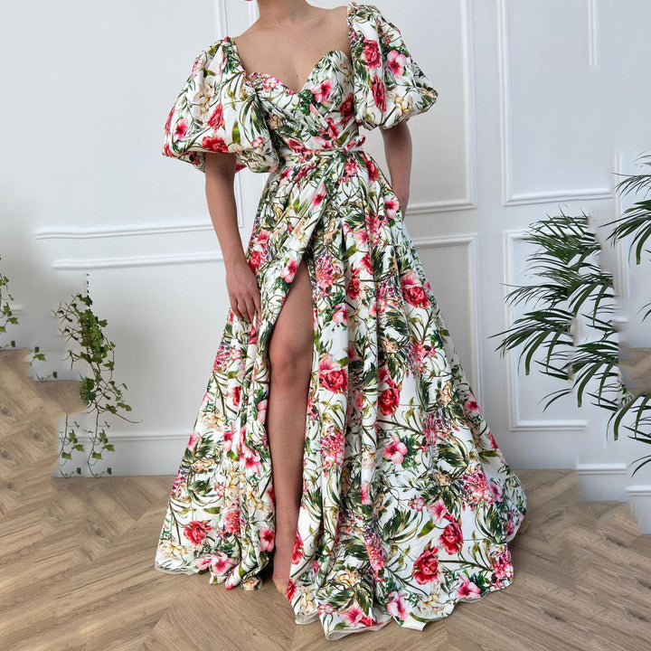 Dame Elegant Maxikjole med blomsterprint og voluminøse pufærmer Stilla