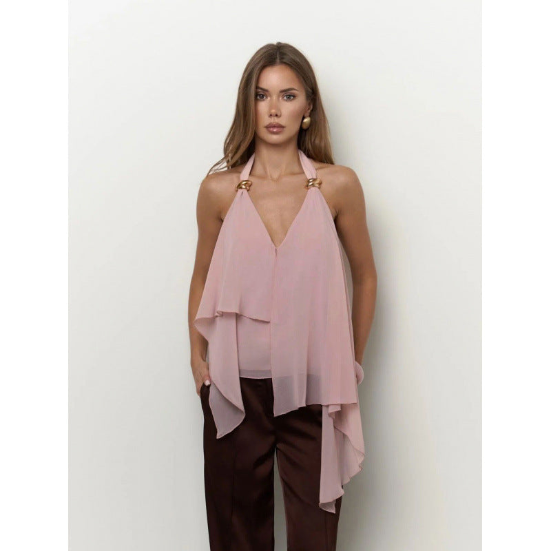 Dame chiffonbluse med asymmetrisk snit og glansdetaljer Skovae