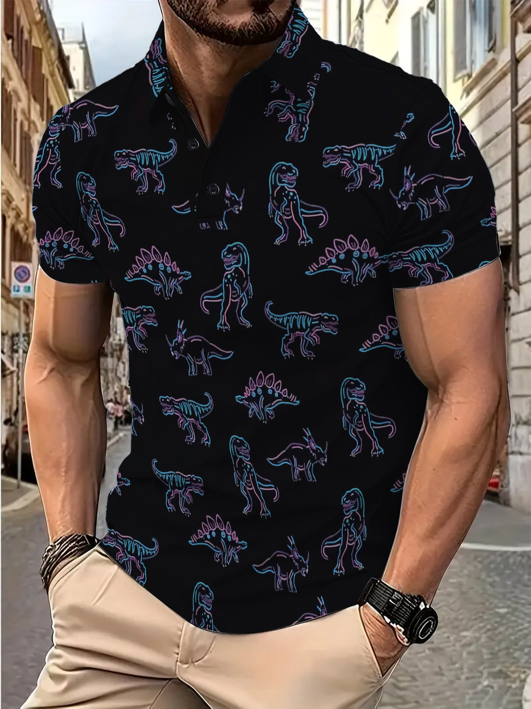 Herrer Poloshirt med kreativ dinosaurtryk Stilla