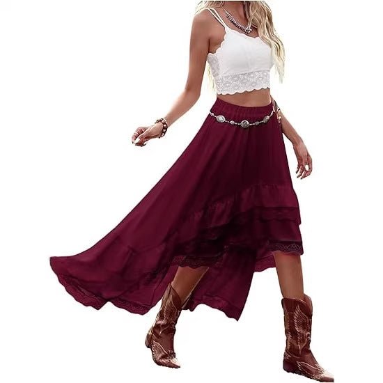 Dame Boho Maxi-nederdel med asymmetrisk kant og spids dekoration Skovae